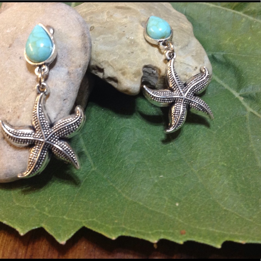 Silver turquoise starfish dangle earrings