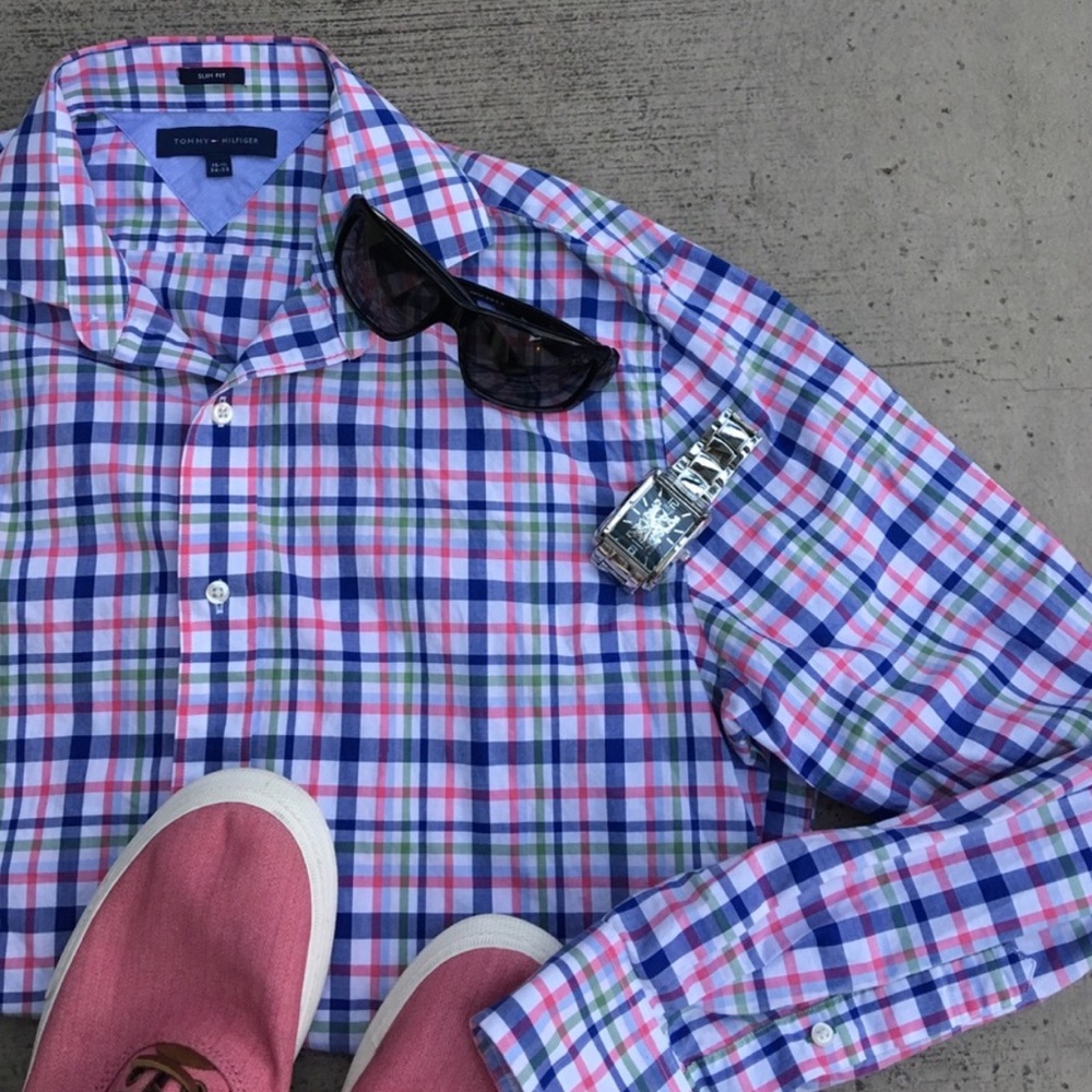 Tommy Hilfiger Pink Green Blue Striped Dress Shirt