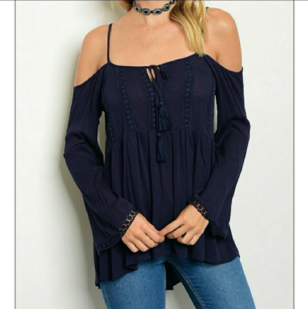 Navy BOHO Cold Shoulder Top