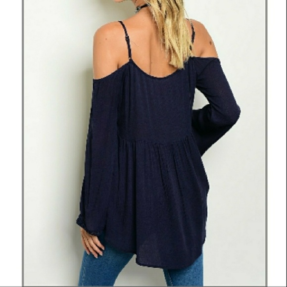 Navy BOHO Cold Shoulder Top - Picture 2 of 6