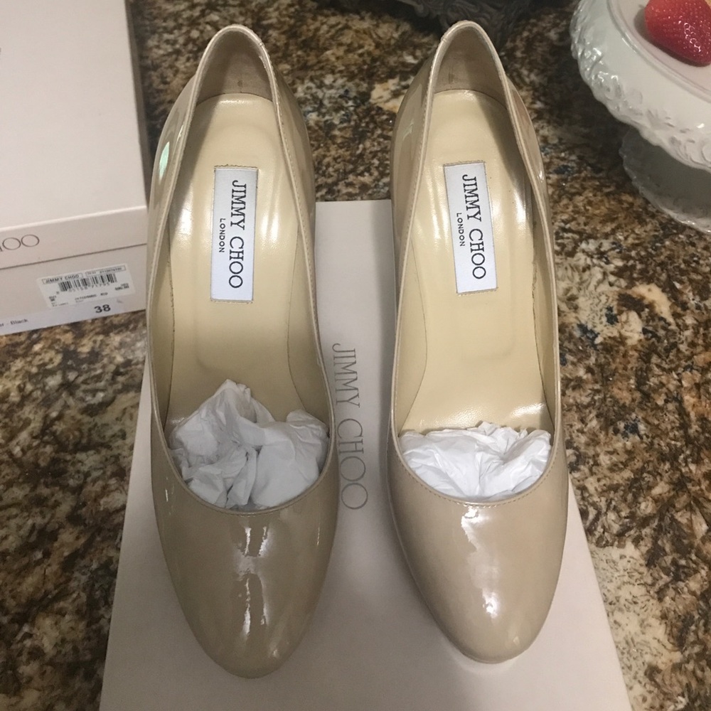 100% Auth Jimmy Choo Nude Patent Cosmic Pump Sz 38