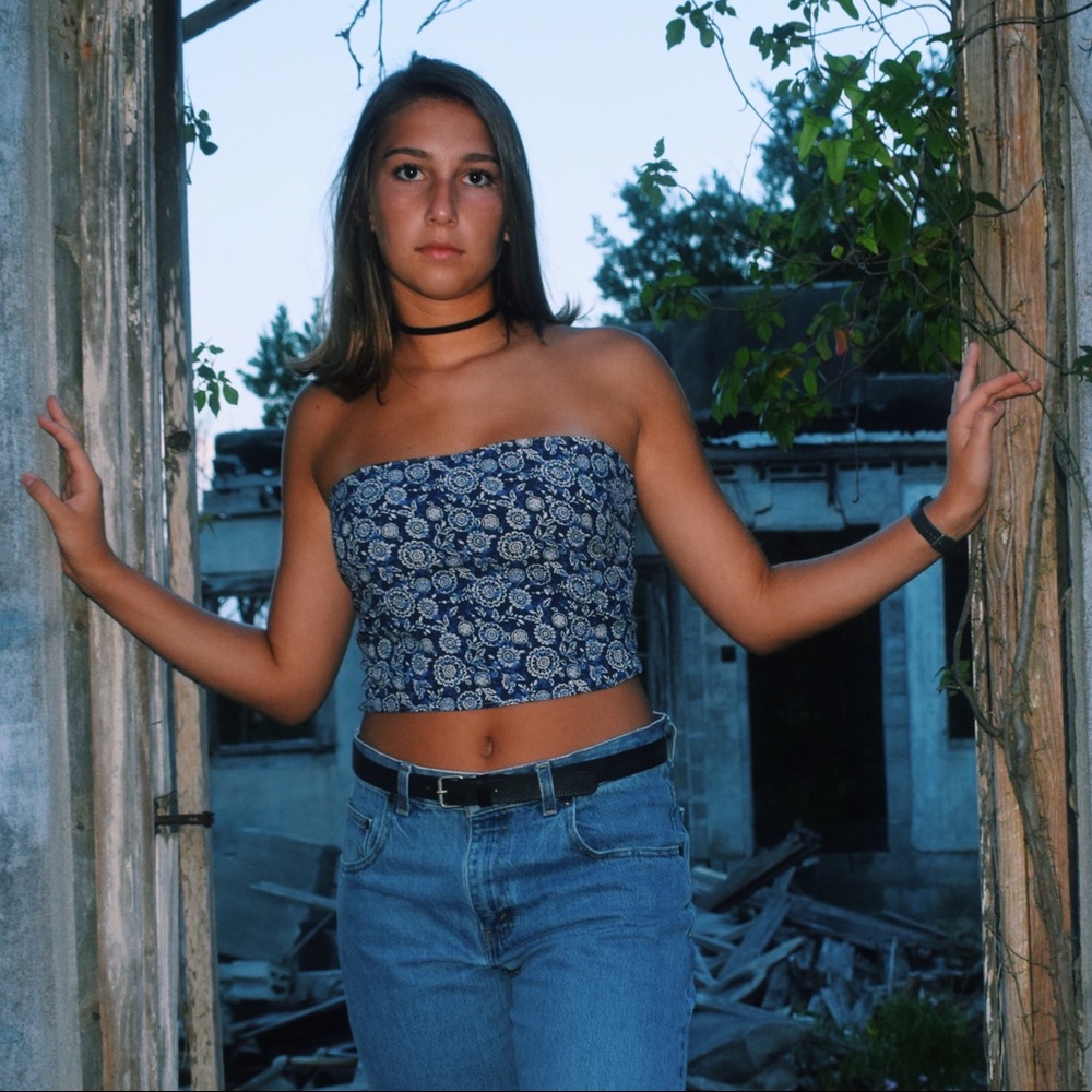 Blue and white patterned tube top