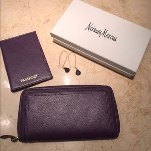 Neiman Marcus Wallet, passport and earrings