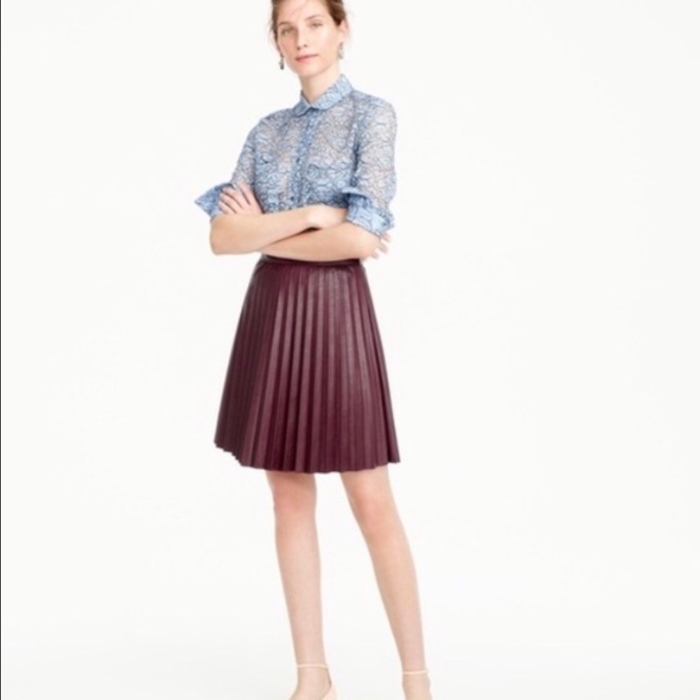 J. CREW Pleated faux-leather Burgandy Skirt