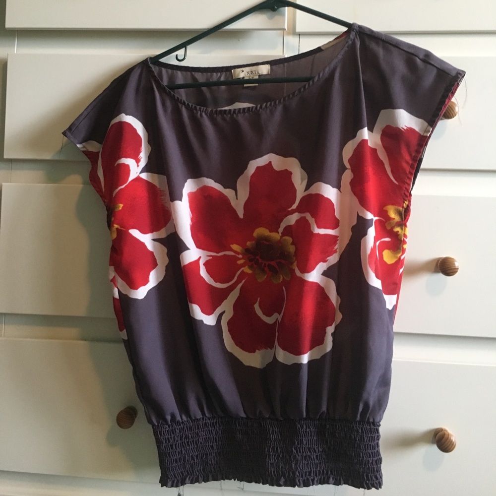 Floral print short sleeve elastic waistband