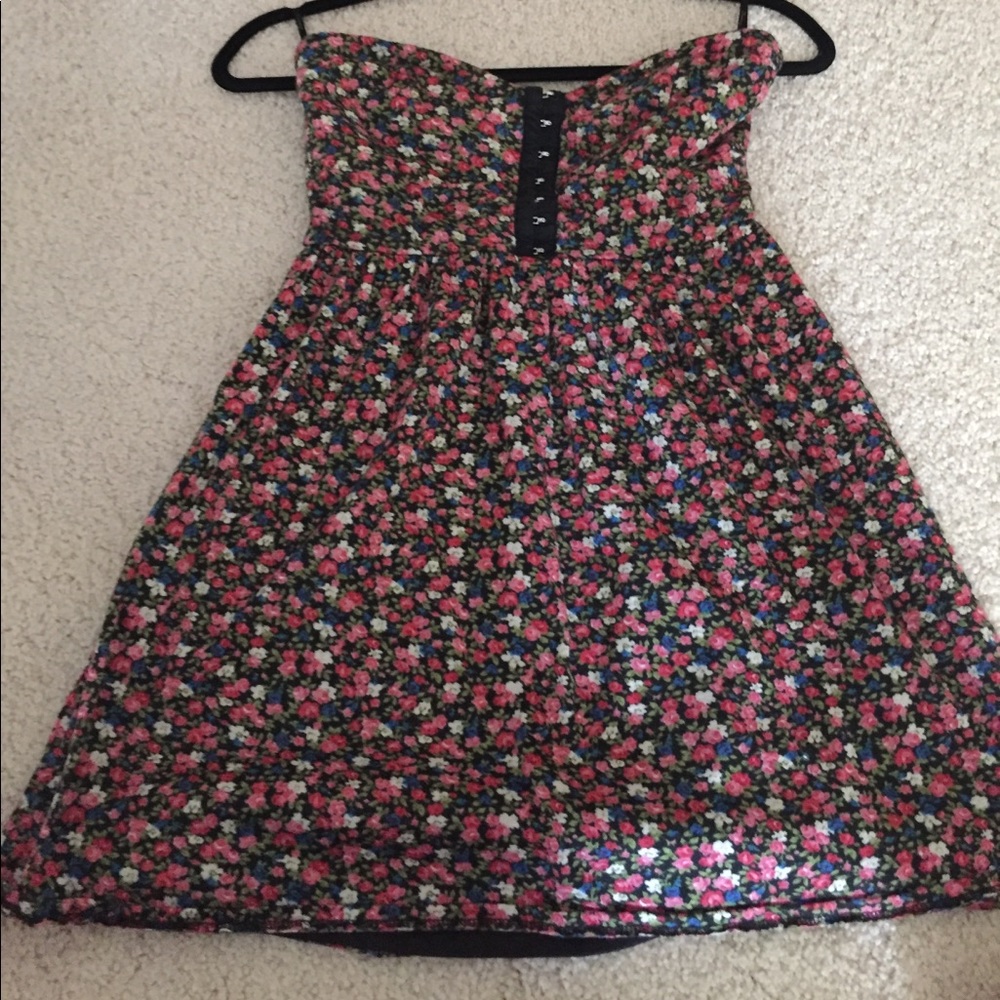 strapless hook front floral dress