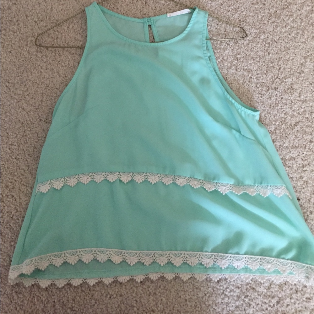 mint layered crochet detail tank top