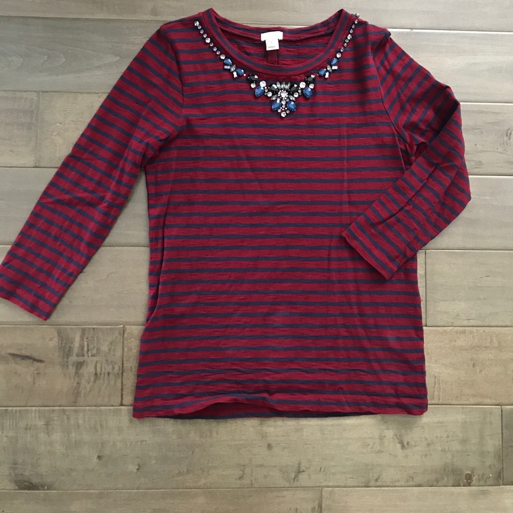 Jcrew maroon & navy striped 3/4 length knit