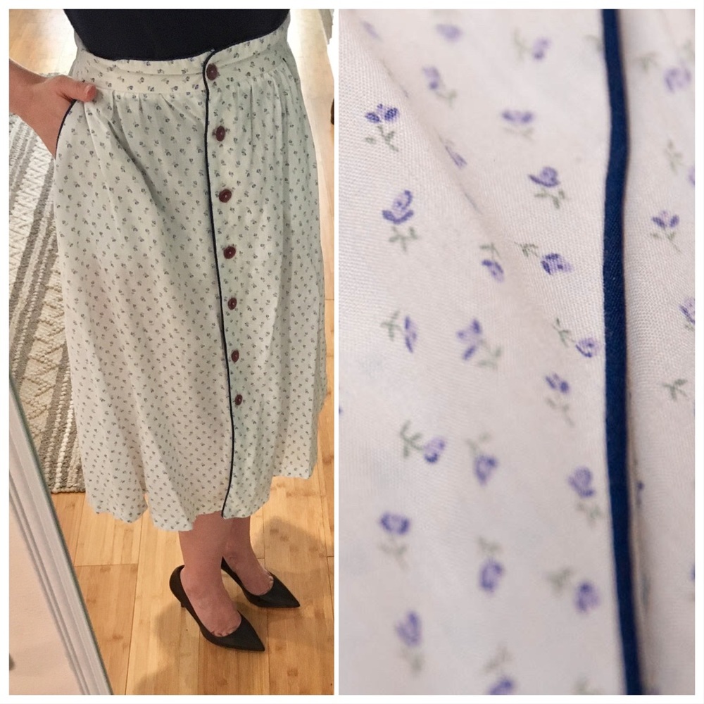 VINTAGE VTG Ditsy Floral Button Down Midi Skirt