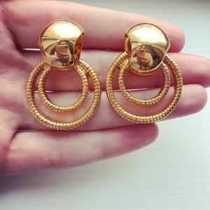 Vintage gold tone drop hoop earrings