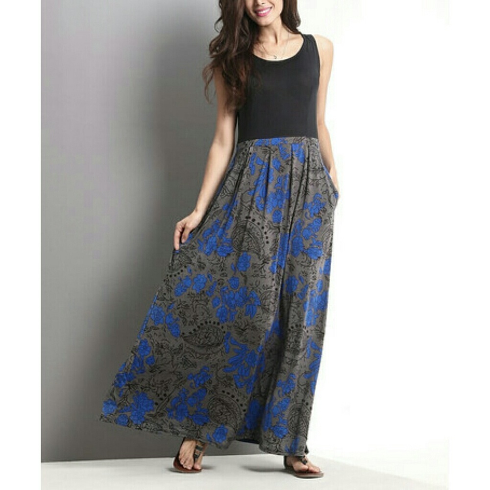 Charcoal & blue floral tank maxi dress