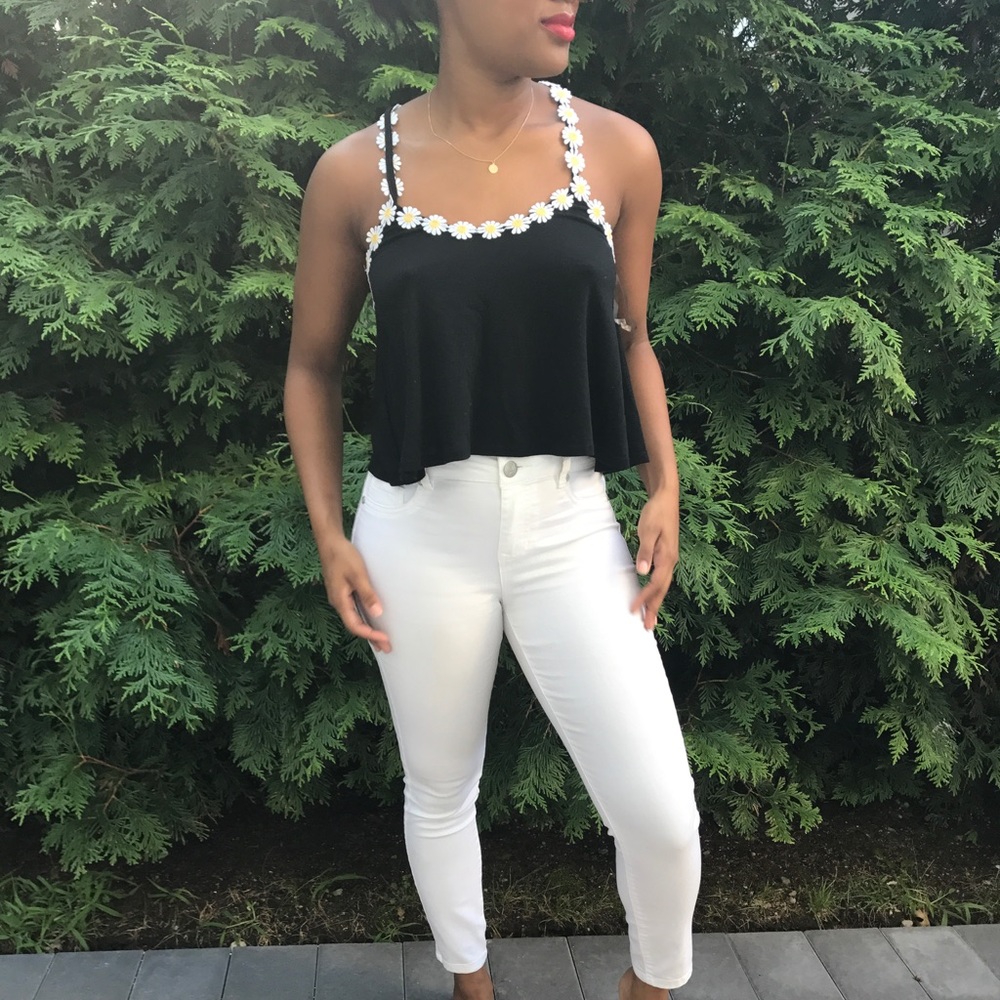 Black crop top with floral appliqué