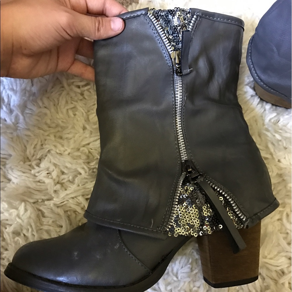Grey sequin leather boots