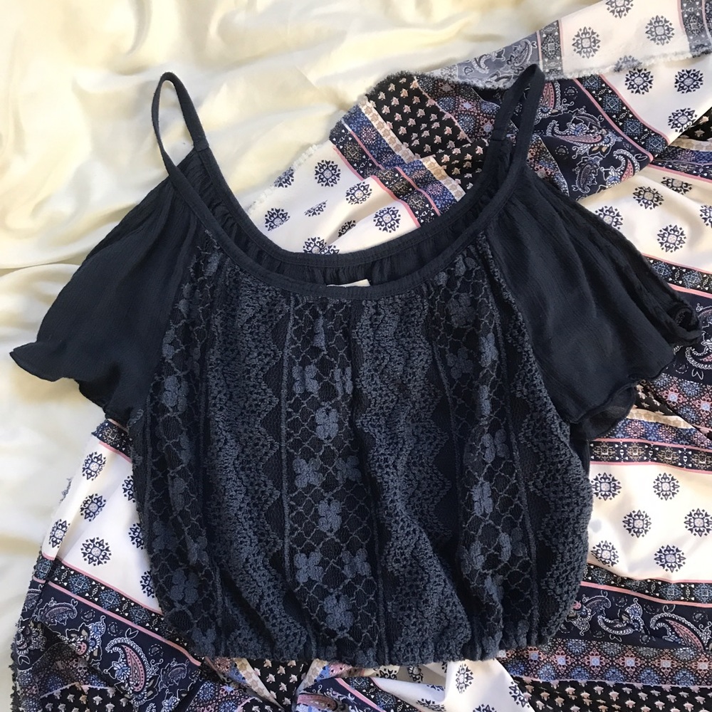 Hollister Navy Off The Shoulder Crop Top