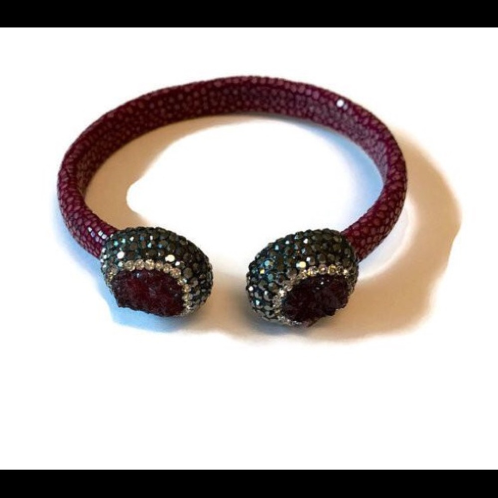 Stingray leather cuff bracelet,  druzy, amethyst