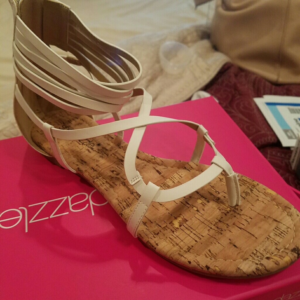 New womans white leather strappy zip up sandals