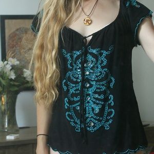 Black and turquoise peasant top