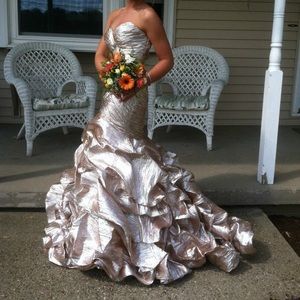 MacDuggal couture gold prom dress