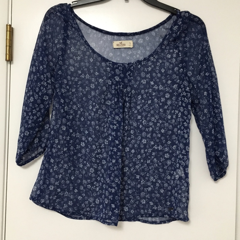 Hollister Sheer Blue w/ White Flower Print Top