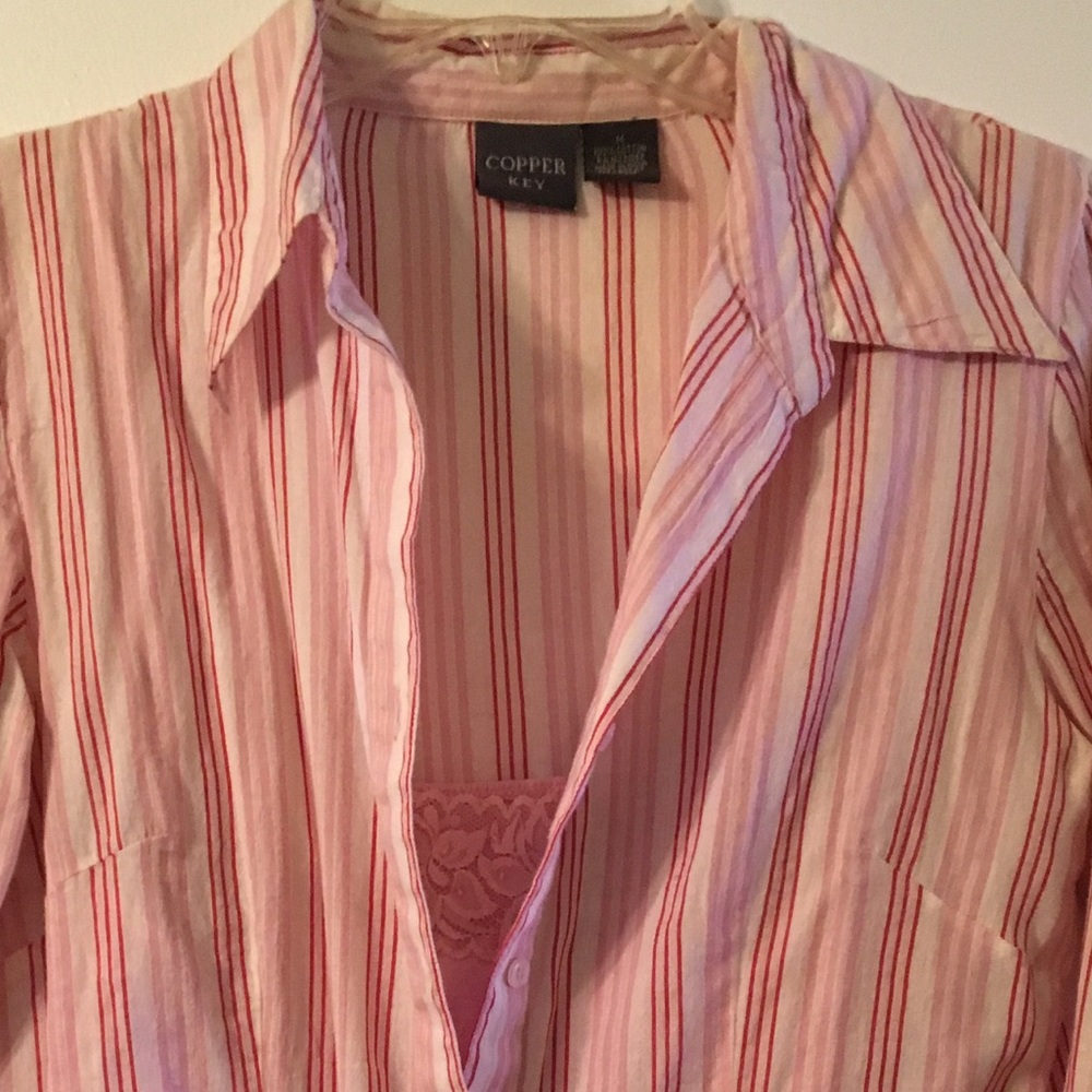 5/$25 Copper Key Pink linen striped button down shirt - Picture 3 of 3