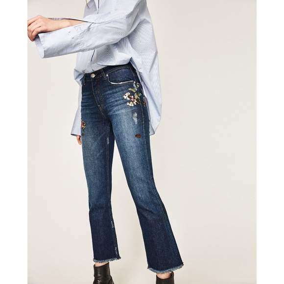 Rare! ❤️ HP ❤️ Zara Floral Flower Embroidered Crop Jean 34 2 - Picture 4 of 6