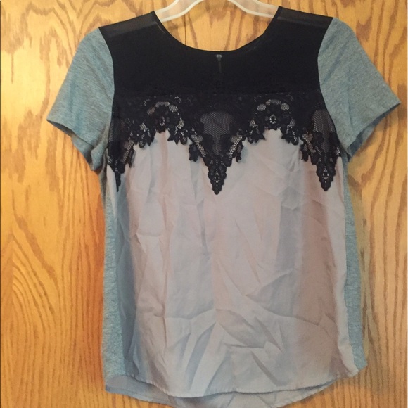 Grey and brown paneled shirt with black lace - Picture 1 of 2