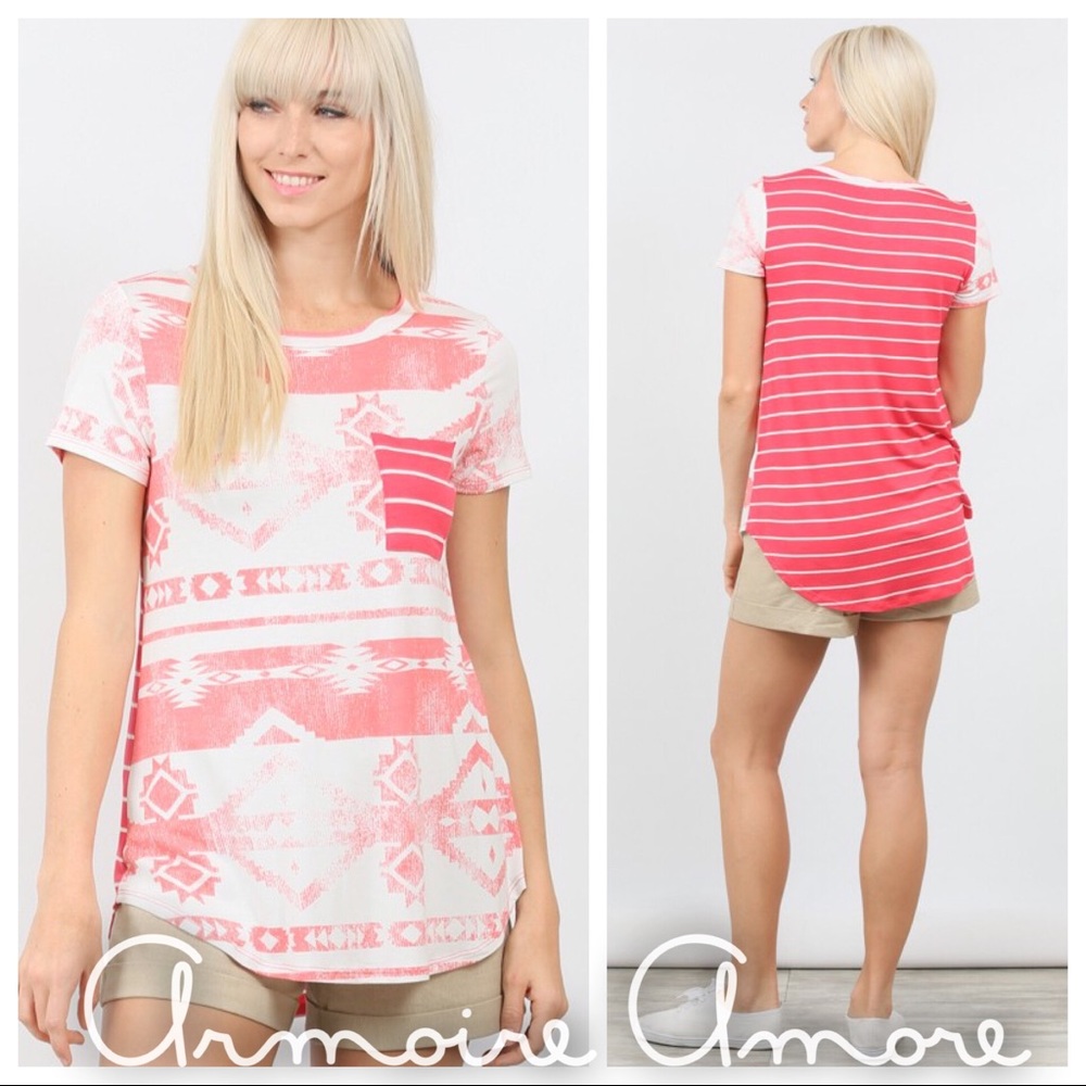 Coral Aztec Pocket Tee
