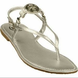 Tory Burch Silver Sandals with Gold Emblem, sz 7