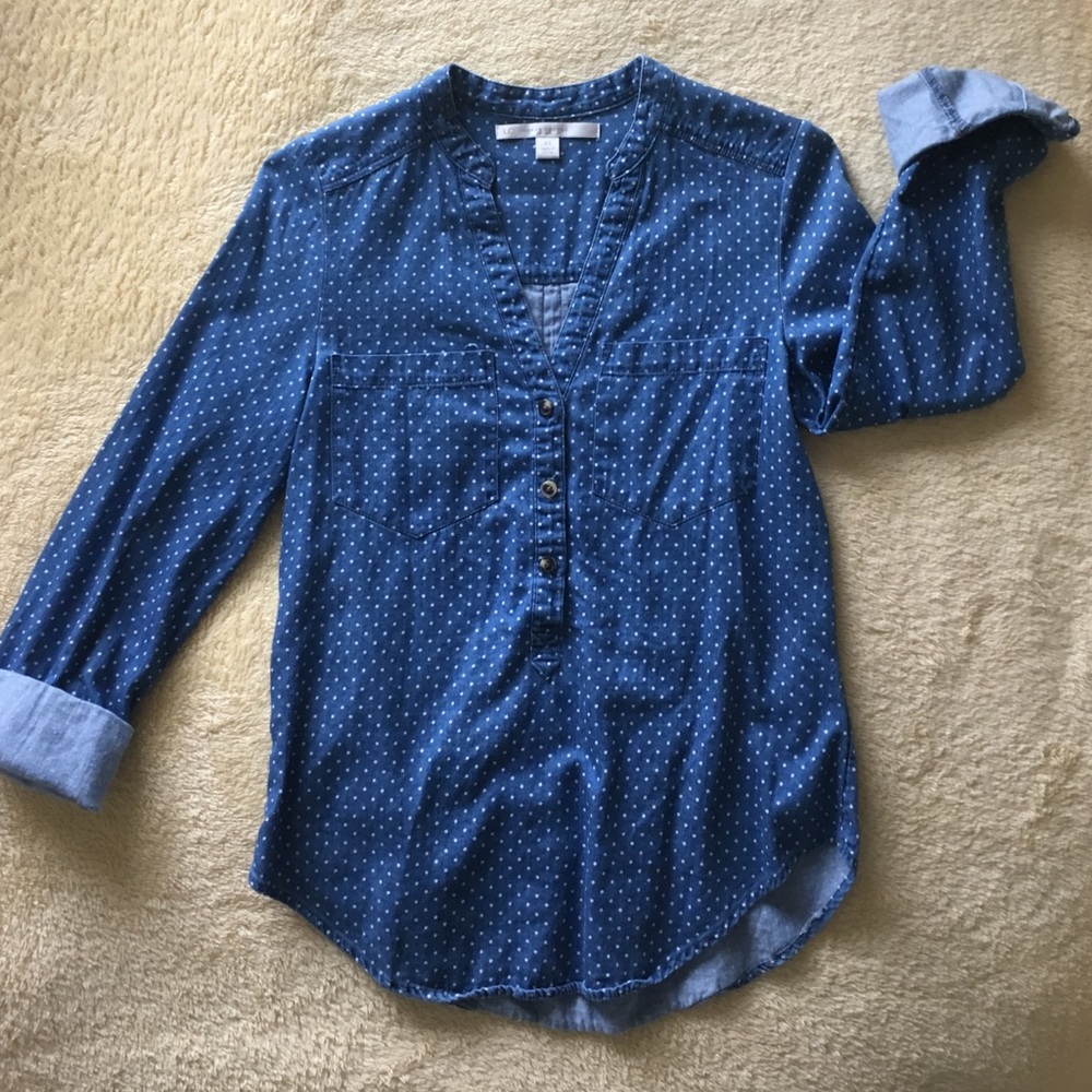 Denim shirt with white polka dots
