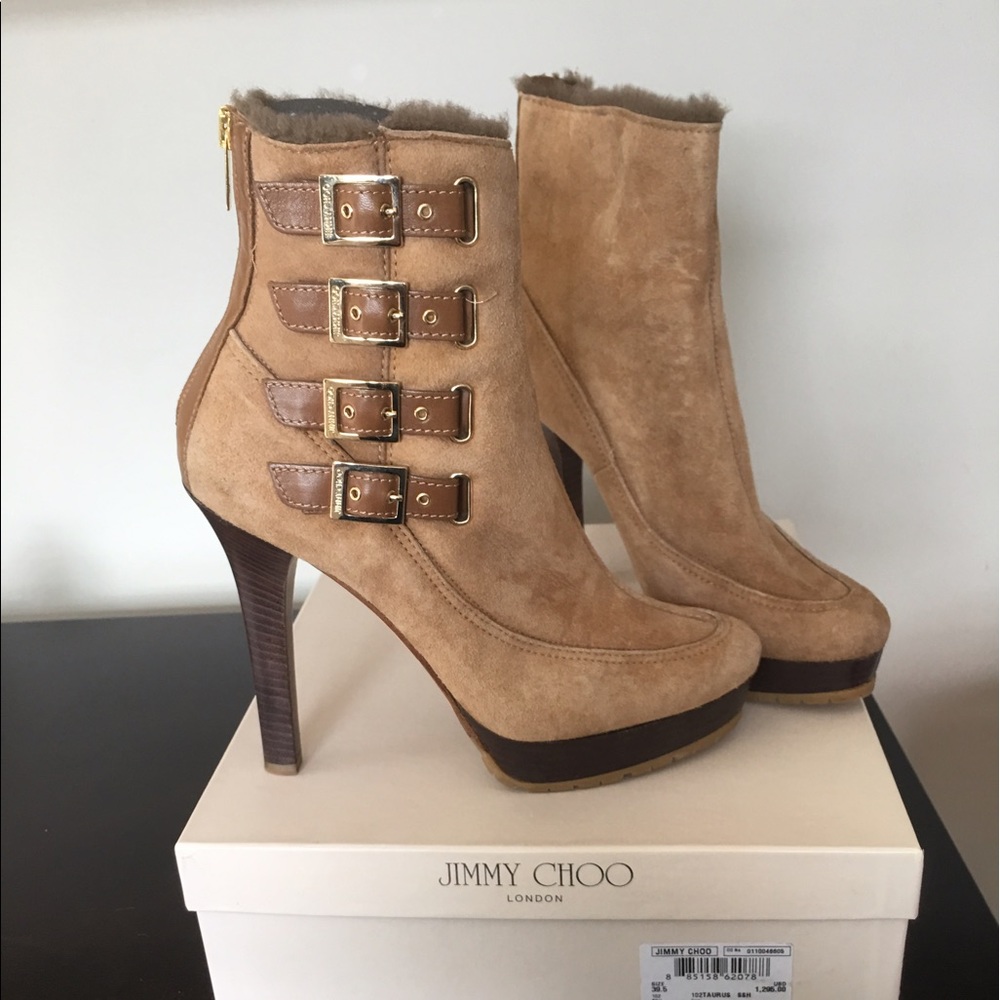 Jimmy Choo Tan Shearling Taurus Ankle Boots 39.5