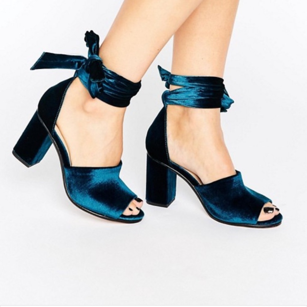Teal blue velvet block heels river island