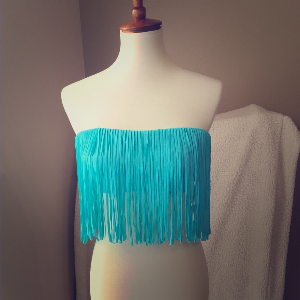 Gianni Bini blue fringe strapless bikini top