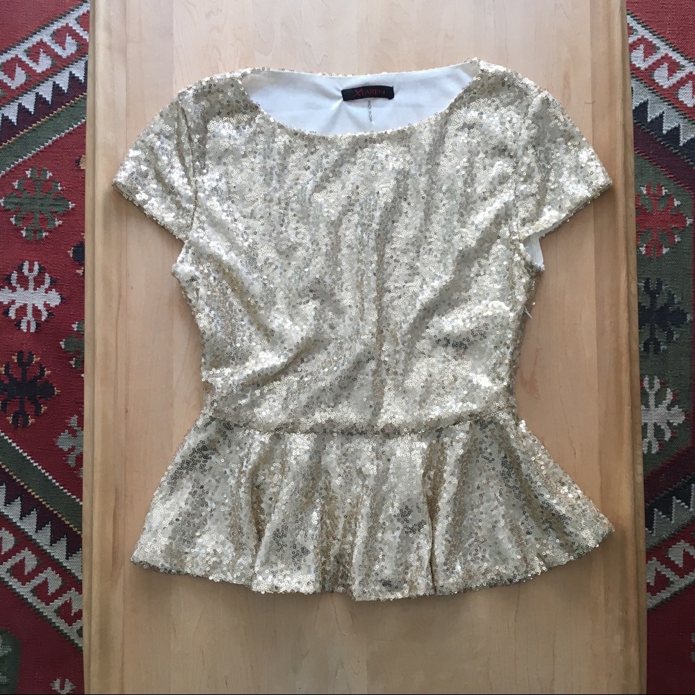 NWOT Gold Sequined Peplum Blouse