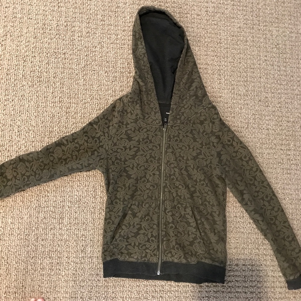 Army Green Floral Print zip up Hoodie