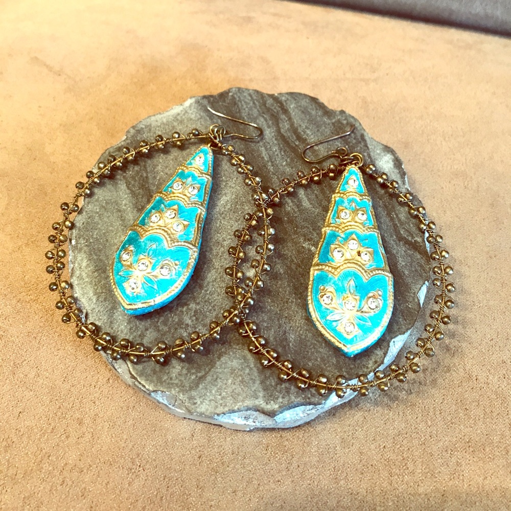 Gold hoop earrings - turquoise & rhinestone detail