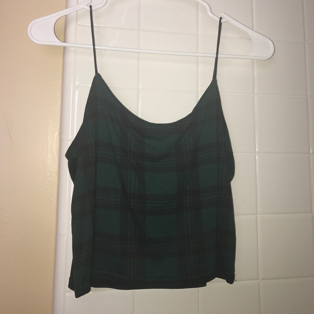 LF Cropped Dark Green Plaid Tank Top