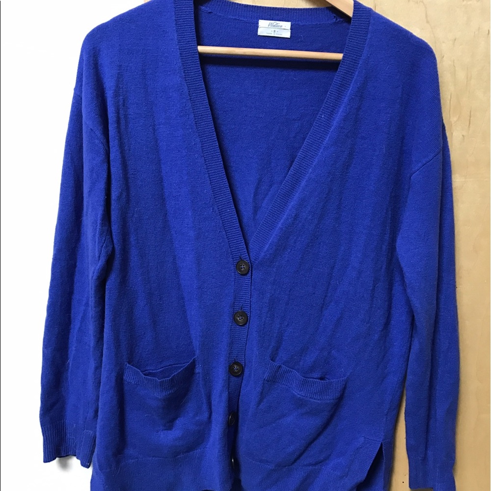 Oversized royal blue wool cardigan.