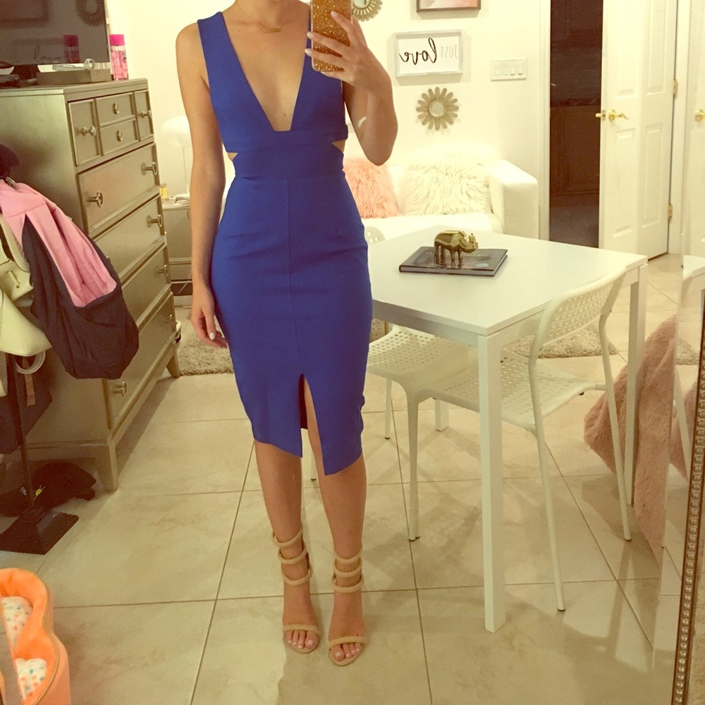 Cobalt blue plunge bodycon dress w side cut outs