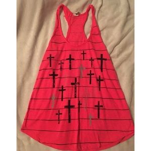 Hot pink razorback tank with black crosses