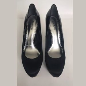 BeBe Women's Pump Black Satin/Patent Leather Blend