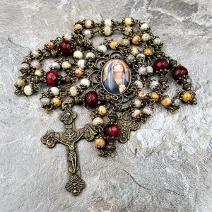 Crazy Lace Agate Praying Mary Rosary bronze tone