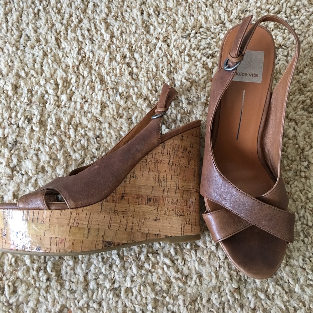 Brown leather platform wedge sandals