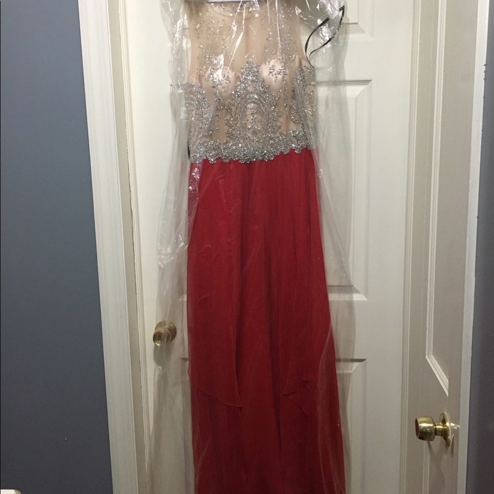 Very long, red and diamond dress