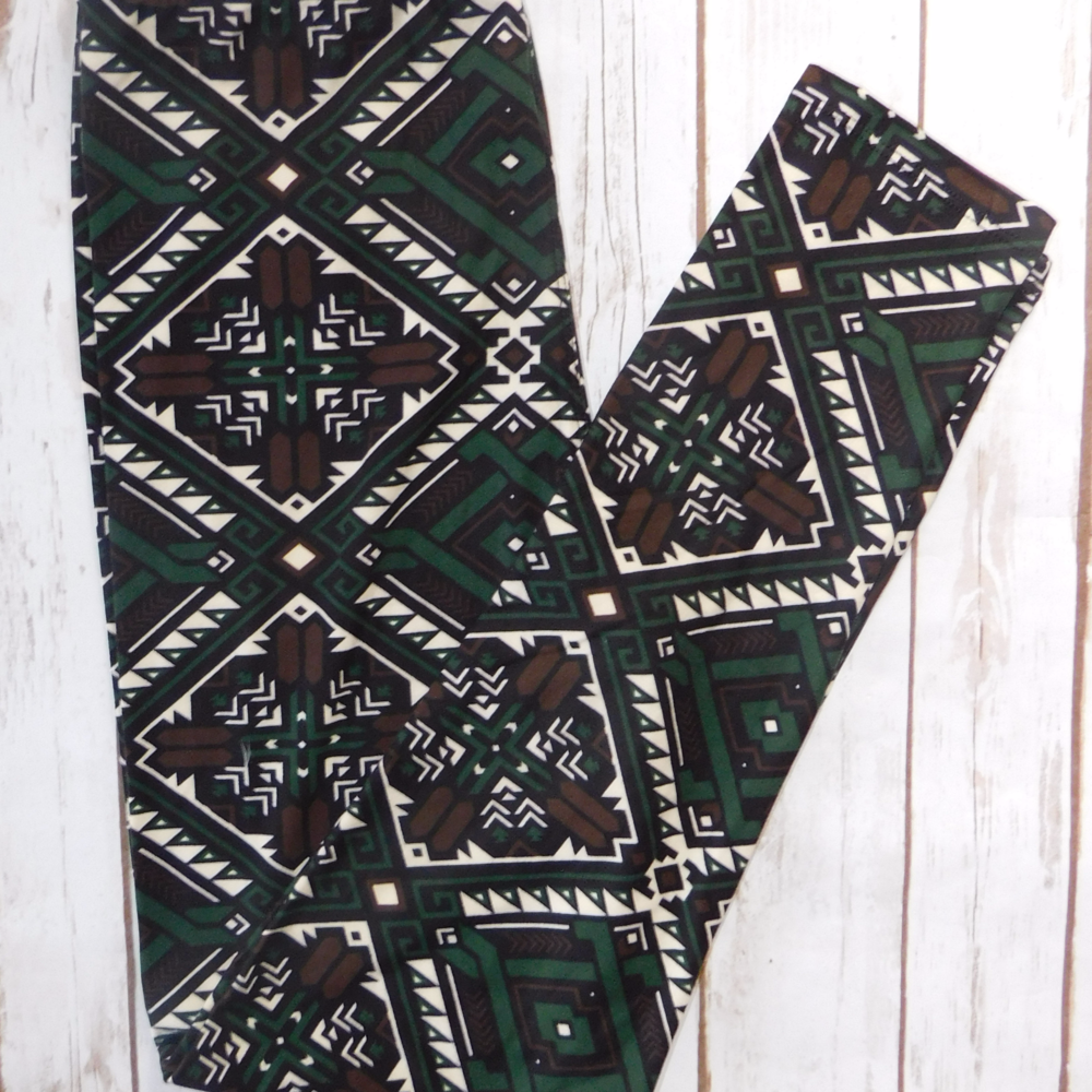 One Size Green Brown Tribal Print Leggings