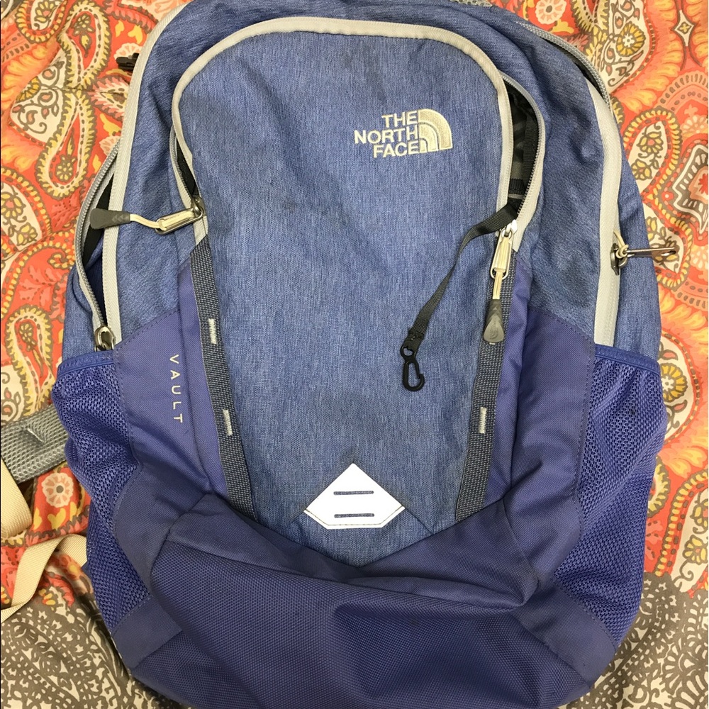 Light blue/purple north face book bag