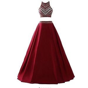 Long two piece beaded/sequenced satin prom dress