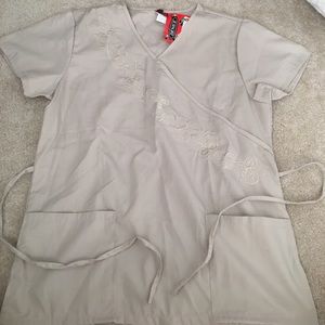 NWT Embroidered Khaki scrub top