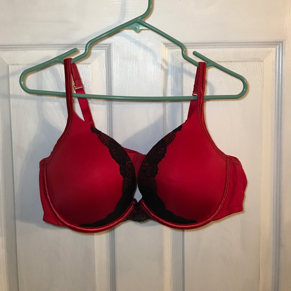 Red with black lace 44C plunge bra