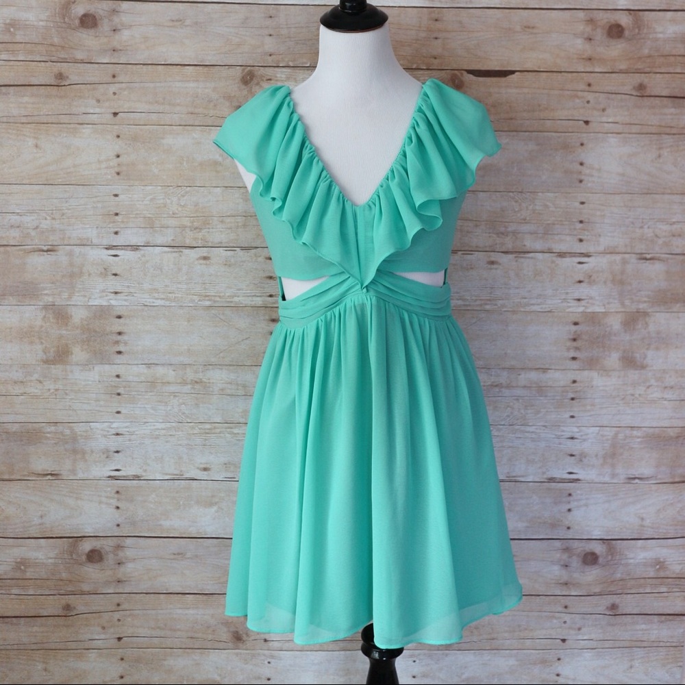 5|48 via Saks Aqua Chiffon Mini Dress w/ Cut-Outs