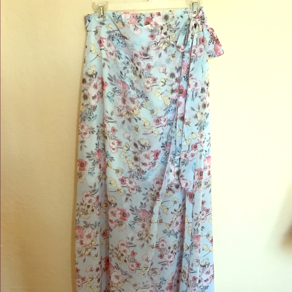 Long Baby Blue Floral Skirt with Slit